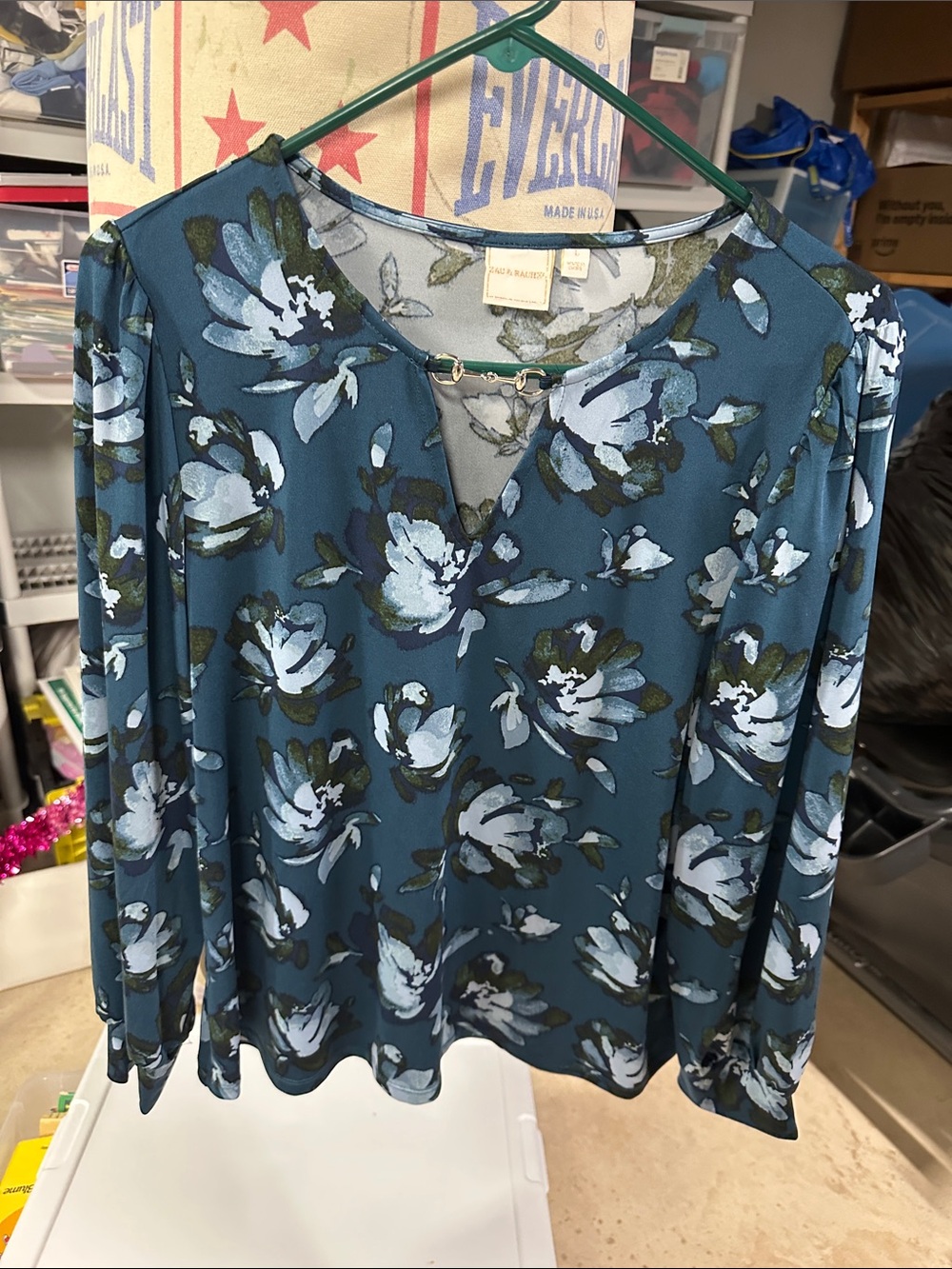 Zac & Rachel Teal Floral Long-Sleeve Keyhole Blouse
